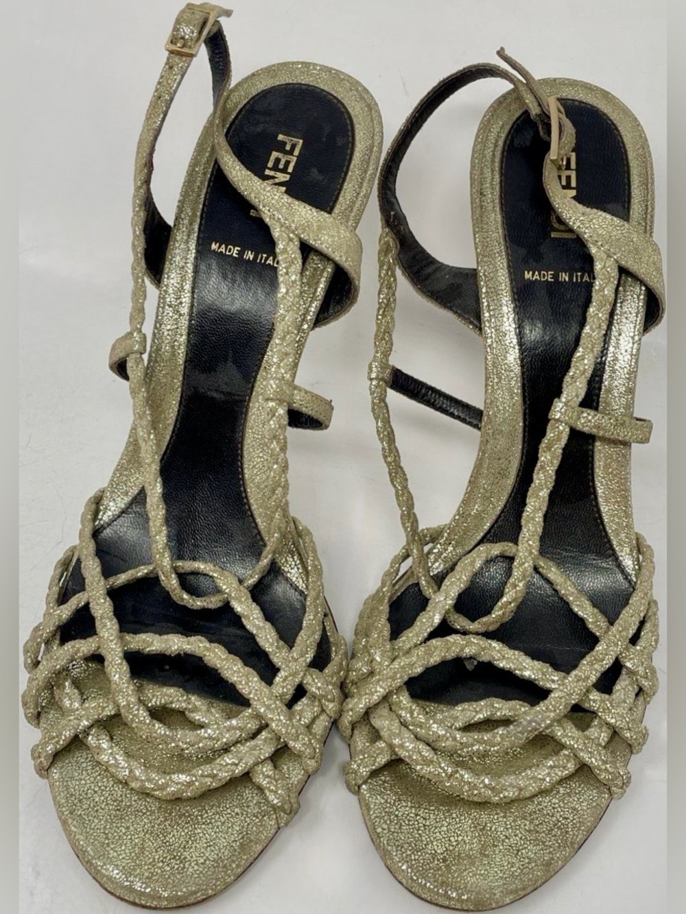 Fendi Vintage Metallic Gold Leather Braided Cage Stiletto Sandals Heels EU 38 - Picture 2 of 6
